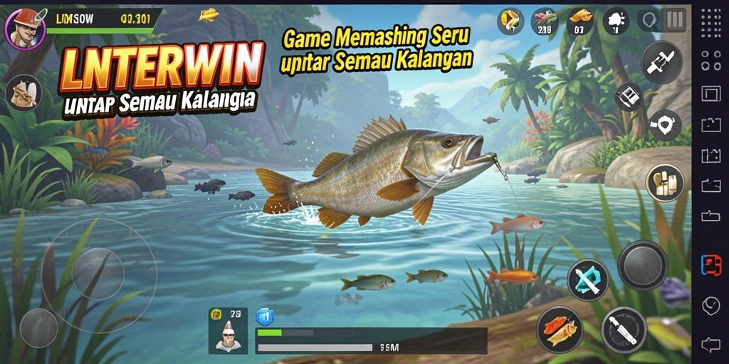 Tampilan gameplay Fishing LNTERWIN yang menampilkan aksi menangkap ikan.